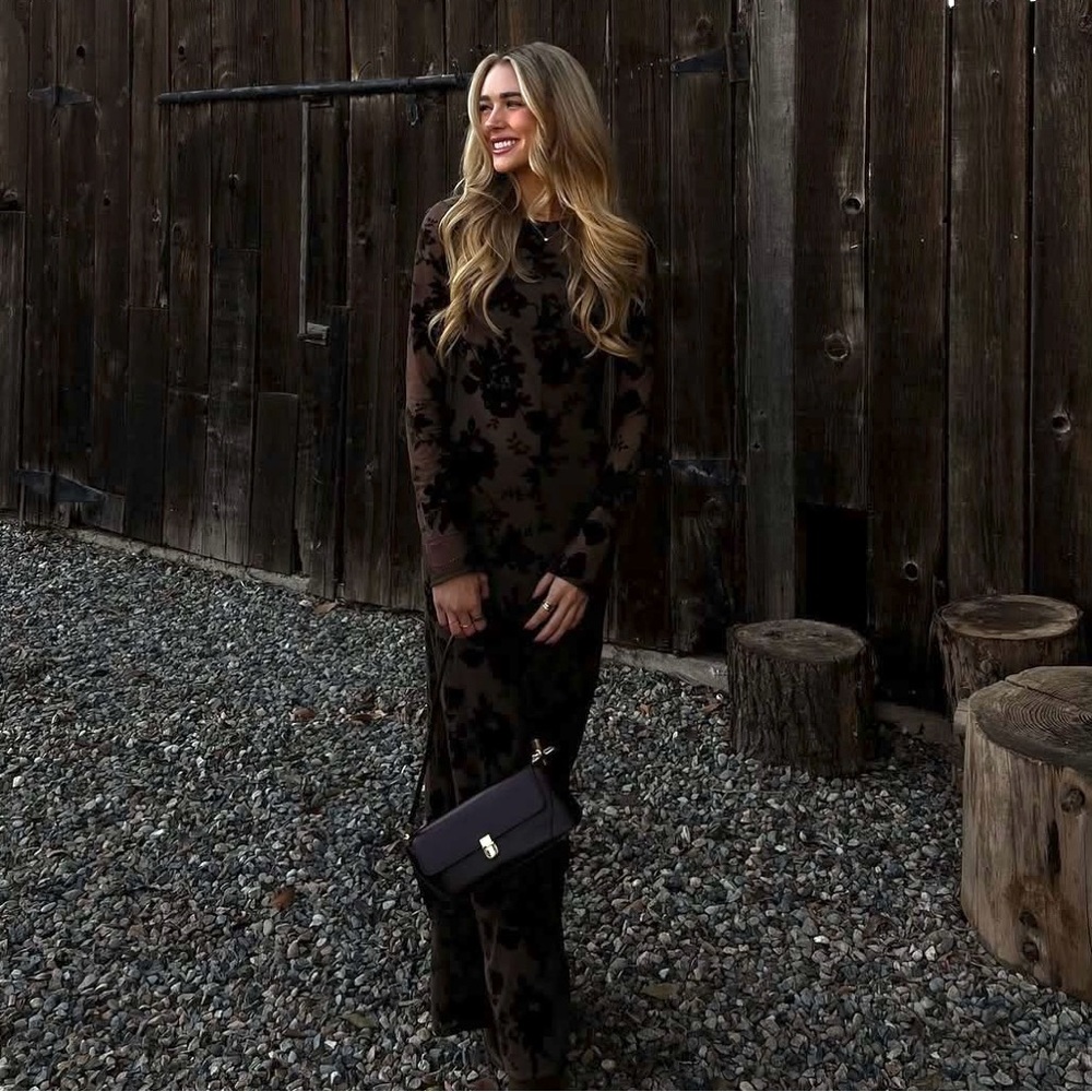 ZARA Long Floral Flocked Tulle Maxi Dress Open Back In Mink - Picture 7 of 13